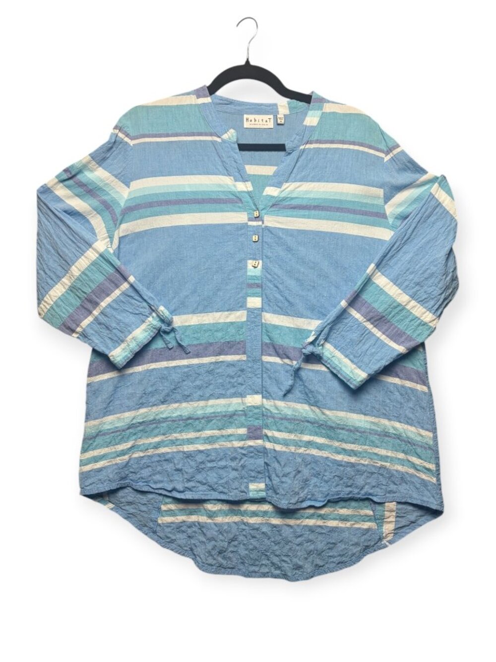 Habitat Size M Blue Striped Button Front Blouse Top Artsy Lagen Look Tunic